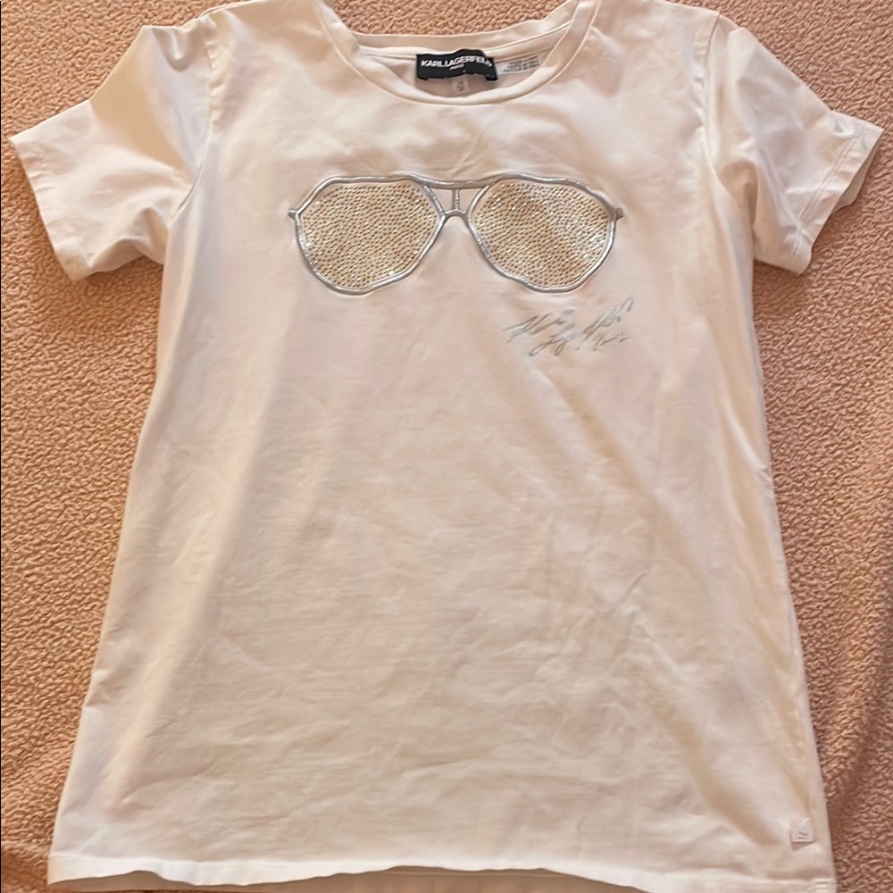 Karl Lagerfeld White Short Sleeve Tee with Aviator Sunglasses Graphic